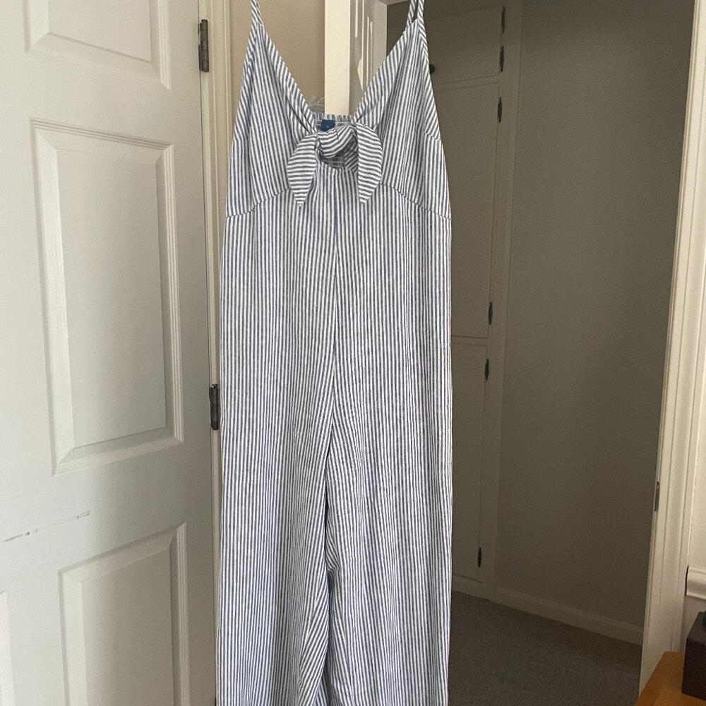 Stripe Chambray Knotted Tie-Front Wide-leg Jumpsuit Size Small